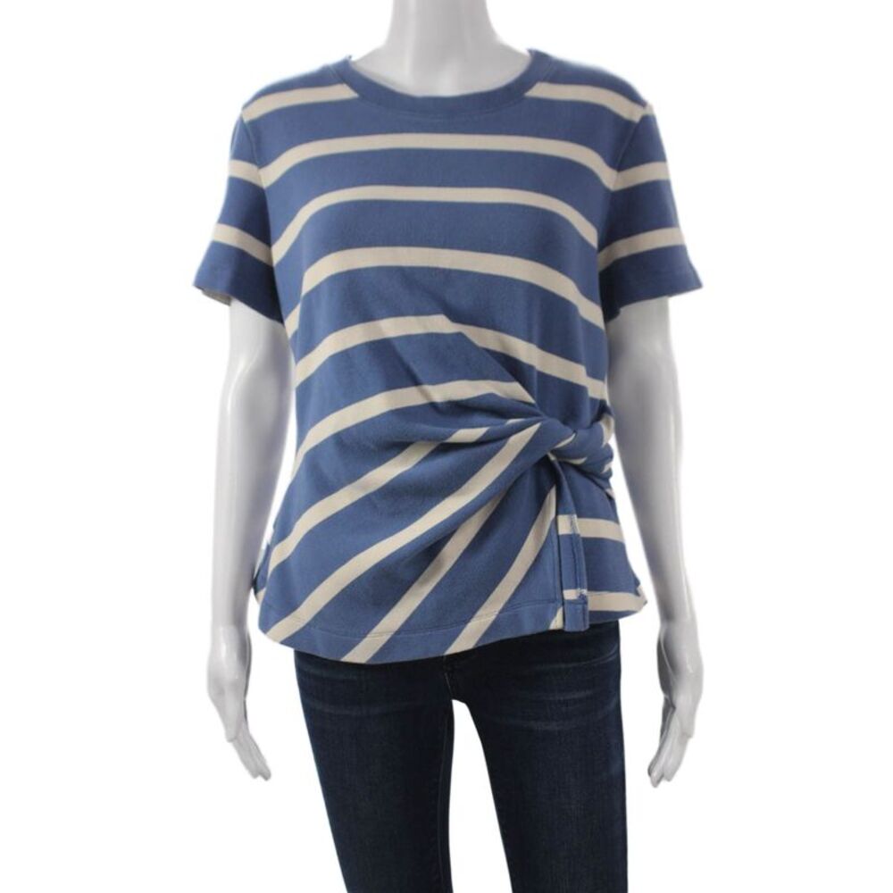 Tanya Taylor Women Blue Striped Cotton Crew Neck Short Sleeve T-Shirt Size XL